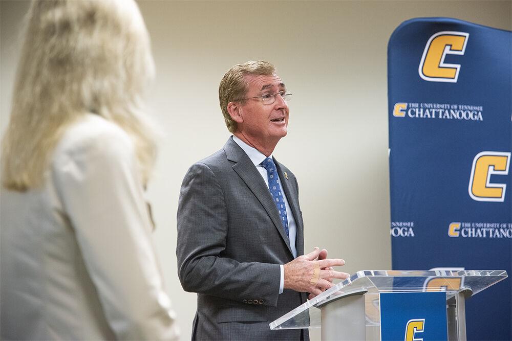 Steven Angle, UTC Chancellor addresses an audience to kick off the 2023 school year.