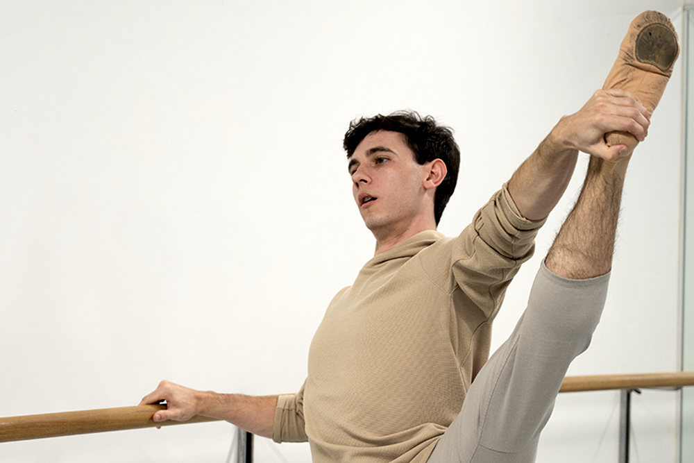 Pierceton Mazell stretches in the studio at Chattanooga Ballet.